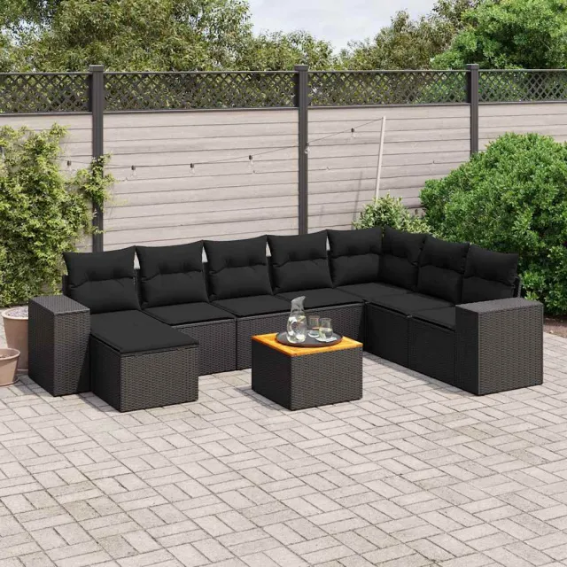 vidaXL 9-delige Loungeset met kussens poly rattan zwart, foto 2