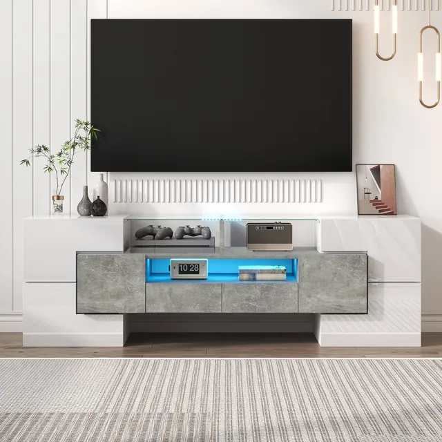 Pugsdrly Kast TV meubel Laag glanzend wit 145 cm LED verlichting woonkamer meubel Elegant glazen blad Grijs