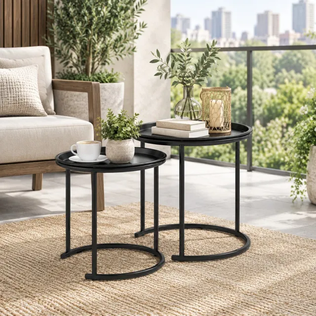 HAUSS SPOLE Salontafelset - Twee Ronde Nestbare Bijzettafels Met Afneembaar Blad - Voor Woonkamer - Staal - 43 En 35 Cm - Zwart