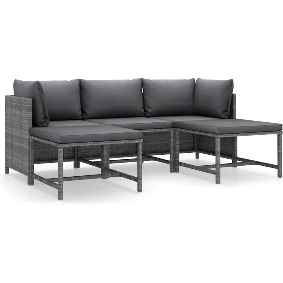 vidaXL 5-delige Loungeset met kussens poly rattan grijs