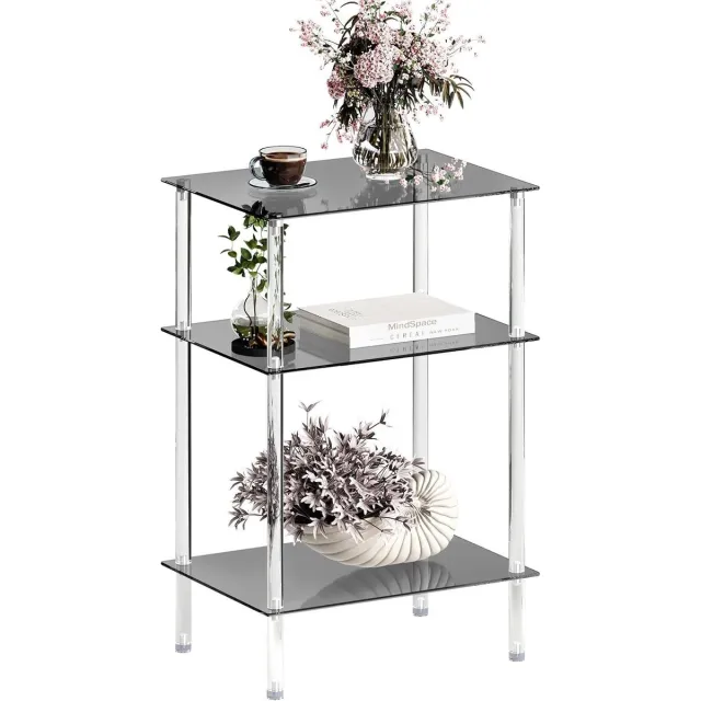 Vellaro Bijzettafel verstelbaar - Zwart - 40 x 30 x 61 cm - Glazen Bijzettafel met 3 Planken - Voor Woonkamer en Slaapkamer