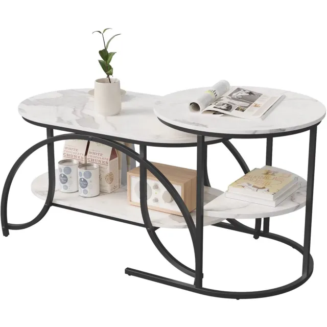 Happiq Salontafel Set Uitbreidbaar, 2-delig - Marmerlook Blad met Metalen Poten en Opbergruimte - Zwart - Modern en Functioneel Black