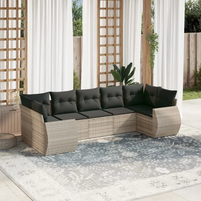 vidaXL 7-delige Loungeset met kussens poly rattan lichtgrijs grijs, foto 2