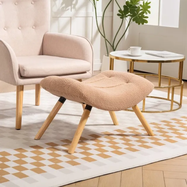 MEUNIQ modern voetenbankje 67 x 45 x 38 cm, gestoffeerde hocker met berberfleece stof en beukenhouten poten, voor woonkamer of slaapkamer, bruin