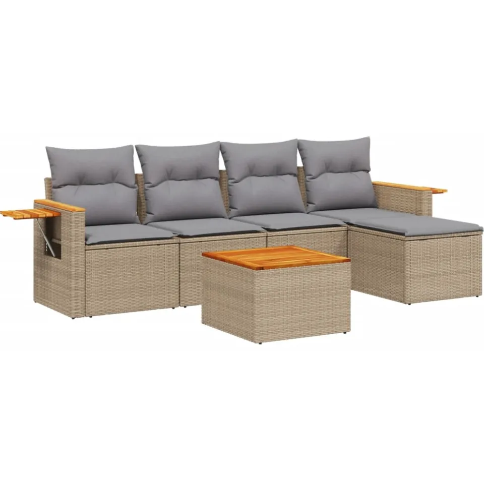 vidaXL 6-delige Loungeset met kussens poly rattan beige