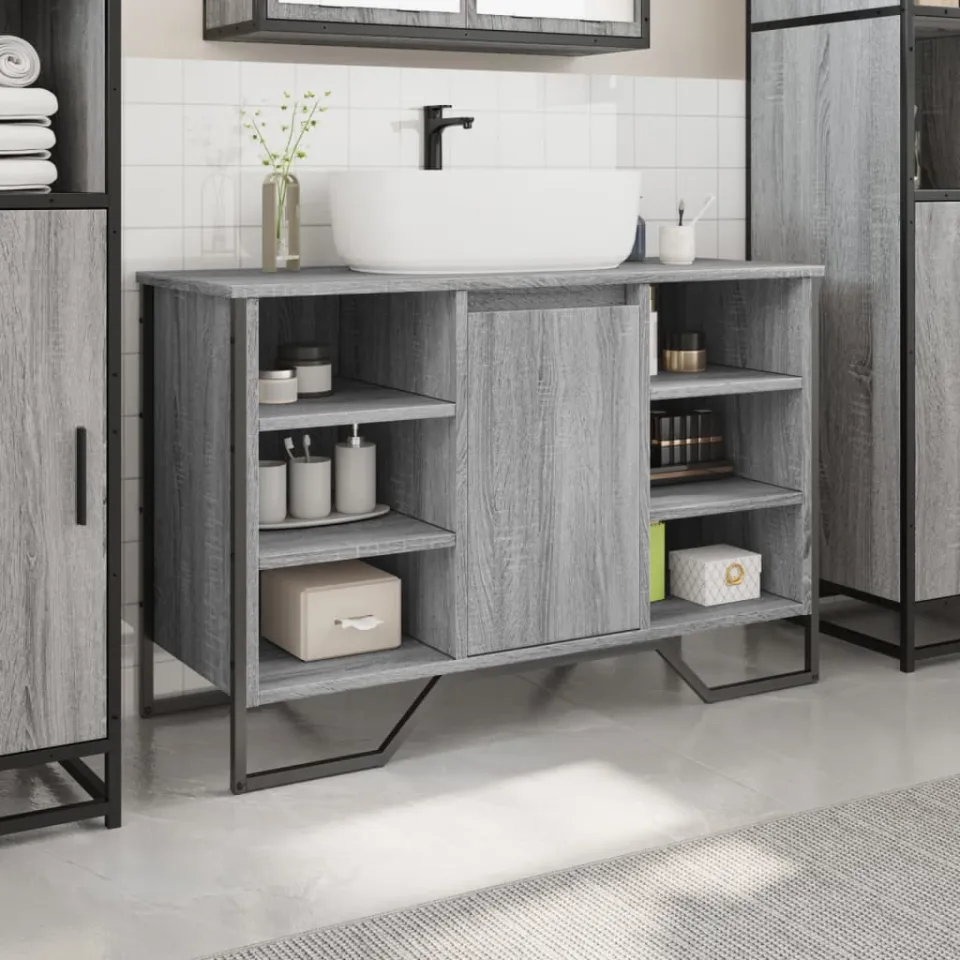 vidaXL Wastafelkast 91x35x60 cm bewerkt hout grijs sonoma eikenkleurig, foto 3