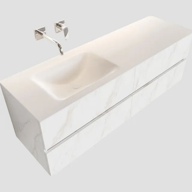 Boss & Wessing Badkamermeubel BWS Valencia Carrara Mat 150 cm Solid Surface Wastafel Rechthoekige Wasbak Links (0 kraangaten, 4 lades)