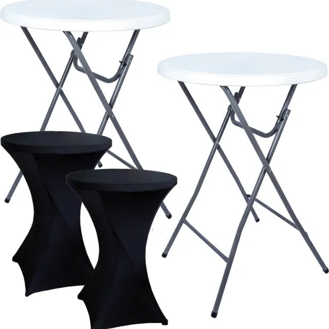 Brasq Statafel Wit/Grijs – Ø80 cm – Set van 2 – Staantafel – Partytafel – Bartafel – Inclusief 2x Zwarte Statafelrok – Vouwtafel – Inklapbaar – Voor Binnen en Buiten – Kunststof en Metaal 2 statafels Wit/ Grijs + 2 Zwarte statafelrokken