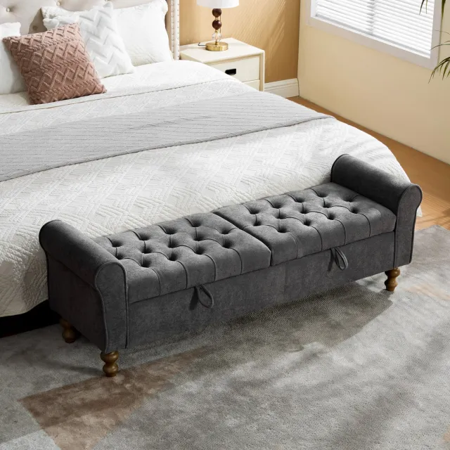 DESMIU Opbergbank – Twee Klapdeksels met Opbergruimte – 156 x 51 cm – Chenille – Antraciet – voor Slaapkamer, Hal of Woonkamer