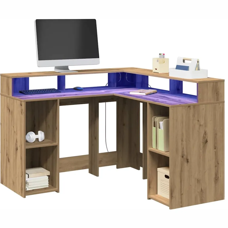 vidaXL Bureau met LED-verlichting 130x130x91 cm hout artisanaal eiken Bruin