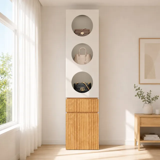 HAUSS SPOLE Kledingkast - Smalle Kast Met 2 Deuren En 1 Lade - Voor Slaap- En Badkamer - MDF En Spaanplaat - 45x50x200 Cm - Lichtgrijs En Naturel Lichte eik