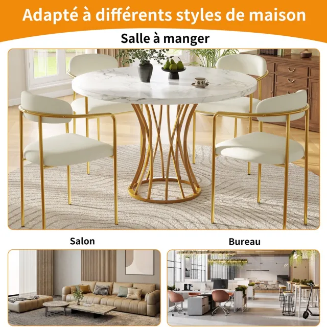 OKWISH Eettafel Rond – 80×80×76 cm – MDF Marmerlook Tafelblad – Met Verstelbare Metalen Poten Goud – Klassiek Ontwerp Voor 4 Personen – Draagkracht 60kg