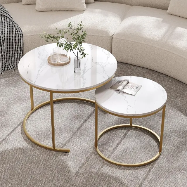 Triumpunpre Salontafel Set van 2 / Ronde Nesting Bijzettafels - Marmerlook Blad & Goud Metalen Frame - Groot 60 cm & Klein 40 cm - Waterdicht & Ruimtebesparend - Voor Woonkamer & Kantoor Wit