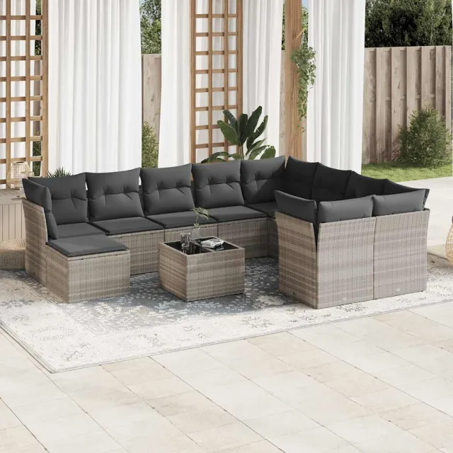 vidaXL 11-delige Loungeset met kussens poly rattan lichtgrijs grijs, foto 2