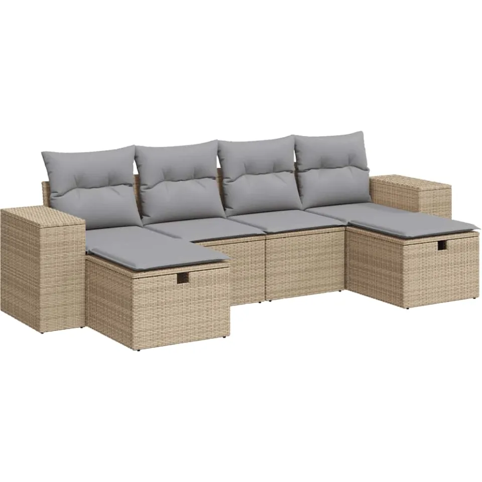 vidaXL 6-delige Loungeset met kussens poly rattan beige, foto 3
