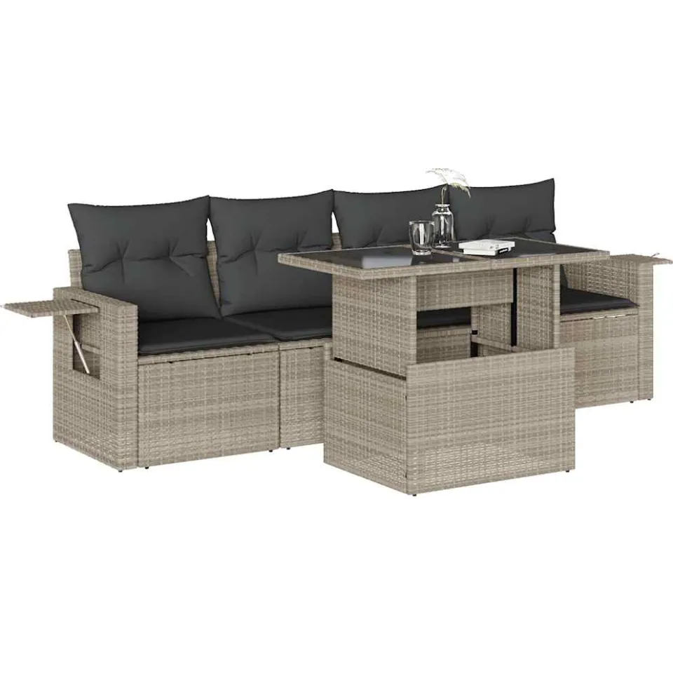 vidaXL 5-delige Loungeset met kussens poly rattan lichtgrijs grijs, foto 3