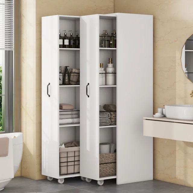 Wishdor Boekenkast - Uitschuifbaar op wielen - 2 modulaire open kasten met 4 niveaus - Modern - Woonkamer badkamer keuken - Houtlook - Wit - 51,5 x 41 x 158 cm