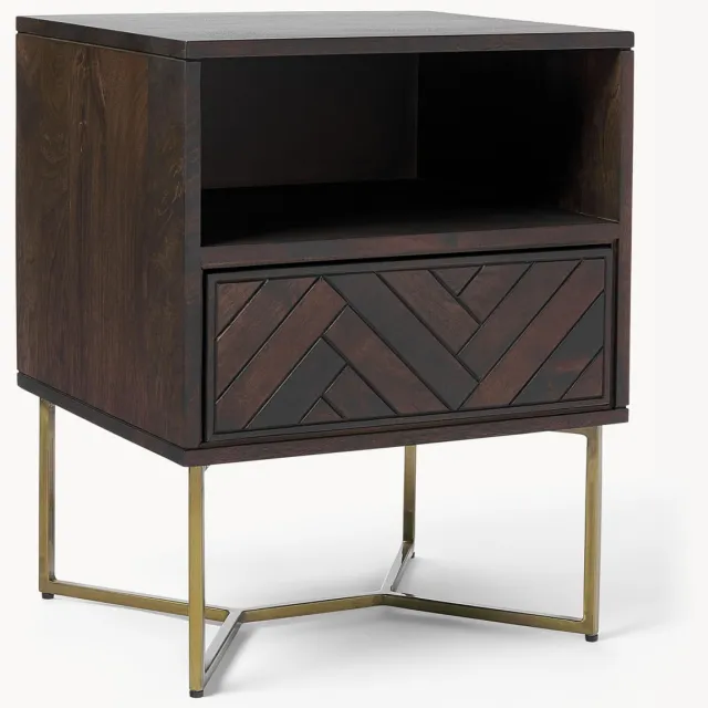 Westwing Collection Nachtkastje Luca van mangohout met visgraat-patroon Goudkleurig