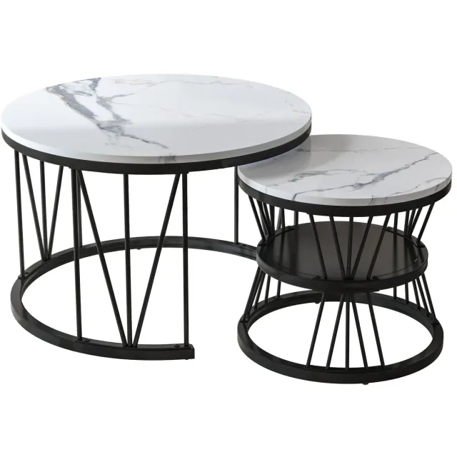 Mila Shop Marmeren salontafels - Bijzettafels - Ronde tafels - Metalen frame - Stabiel - Zwart/wit - 2 Stuks
