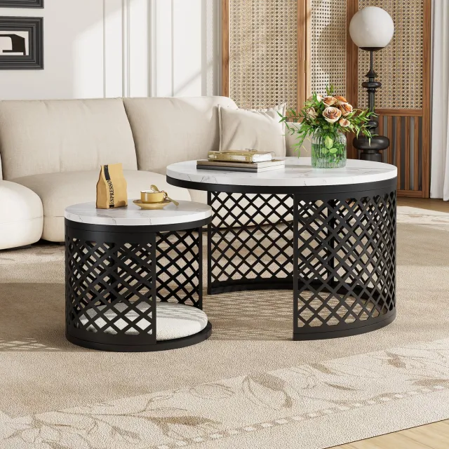 WUVRIE Salontafelset 2-delig met afneembare huisdierenmat, ronde marmerlook tafels, wit Wit+Zwart