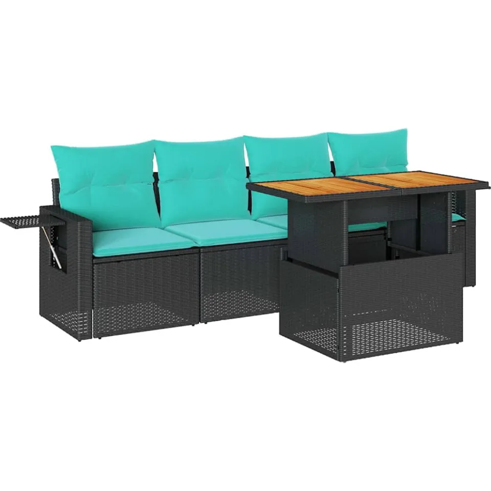 vidaXL 5-delige Loungeset met kussens poly rattan zwart, foto 3