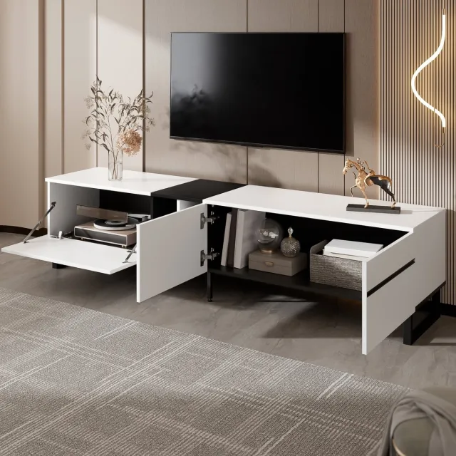 Merax Moderne tv-meubel met klepdeurtje - open vakken en dubbele deuren - dressoir - woonkameropbergkast - veel opbergruimte - wit