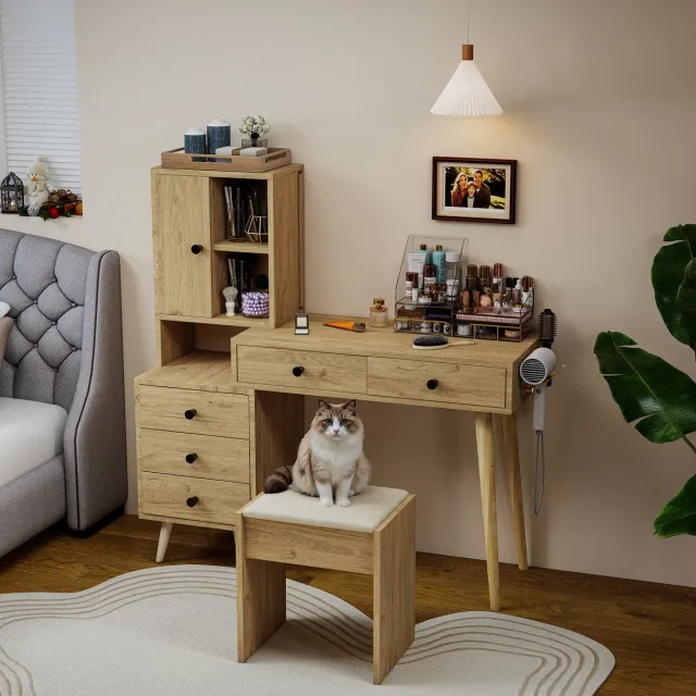 HAUSS SPOLE Kaptafel - Uitschuifbaar Met Inschuifbare Spiegel En 5 Lades - Met Zijkast Voor Slaapkamer - Houtlook - 84x40x120 Cm - Naturel Beige