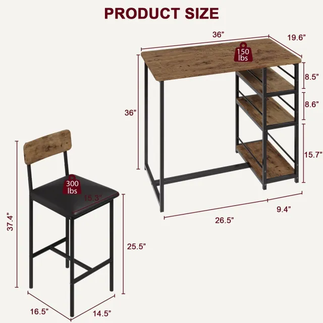 Gudalio Bartafel - 3 Delig - Tafel - Eettafel - Keukentafel - Opbergruimte - Incl. 2 Barkrukken - Modern - Houtpatroon - Zwart Zwart/ Bruin