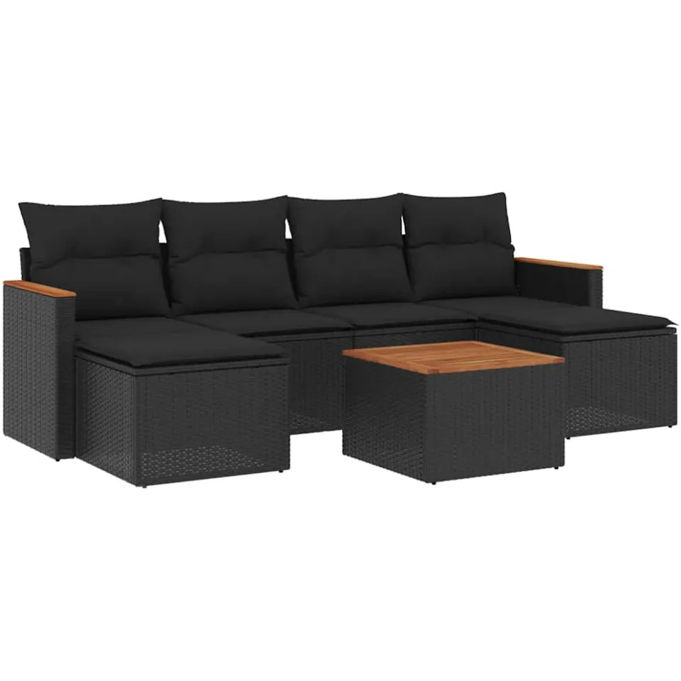 vidaXL 7-delige Loungeset met kussens poly rattan zwart, foto 3