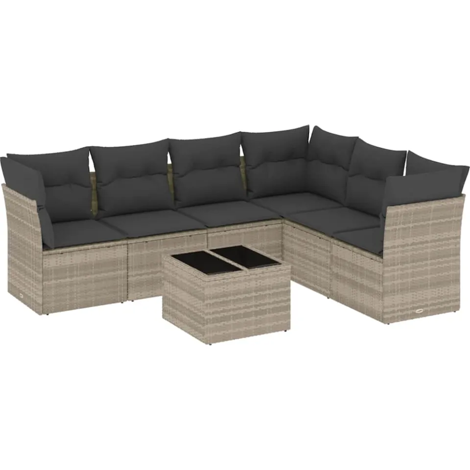 vidaXL 7-delige Loungeset met kussens poly rattan lichtgrijs grijs, foto 3