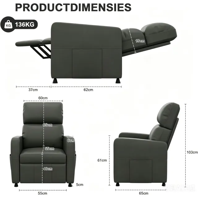 Devoko Verstelbare Fauteuil 71 x 85 cm – Elektrisch Verstelbare Rugleuning 105°-165° – Voetensteun – PU Leer – Donkergrijs Zwartgrijs
