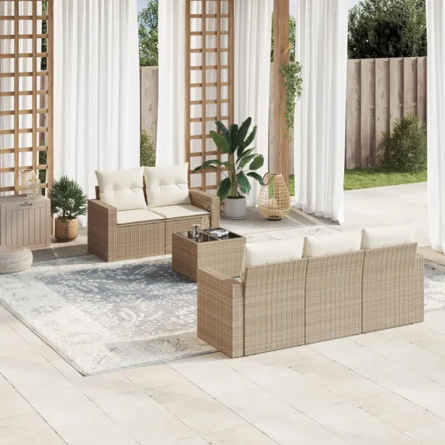 vidaXL 6-delige Loungeset met kussens poly rattan beige, foto 2