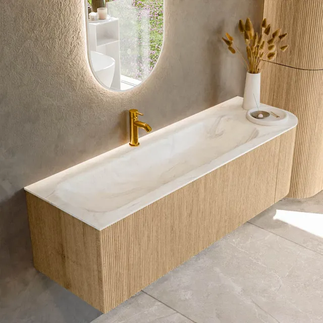 Mondiaz KURVE-DLUX 145 cm Onderkast Greeploos 1 Lade Met Deuren Oak, Wastafel Solid Surface Links Ostra 1 Kraangat Zonder Spiegel (KRVBGL145R1L1D1KL-Oak/Ost)