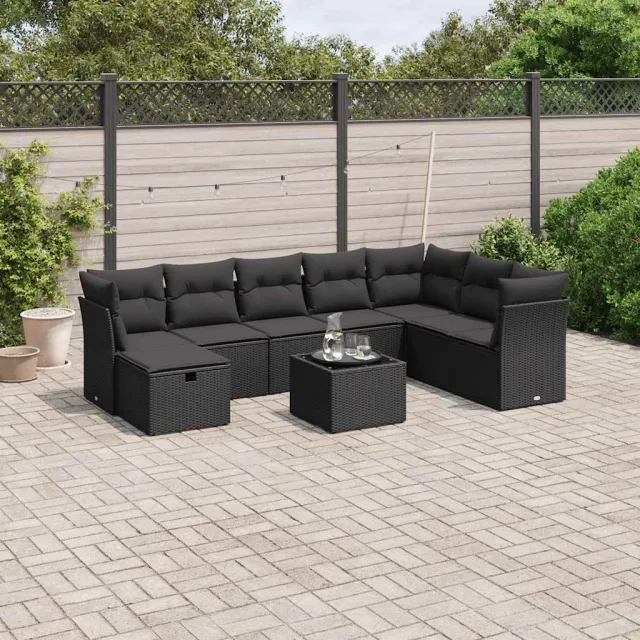 vidaXL 9-delige Loungeset met kussens poly rattan zwart, foto 2