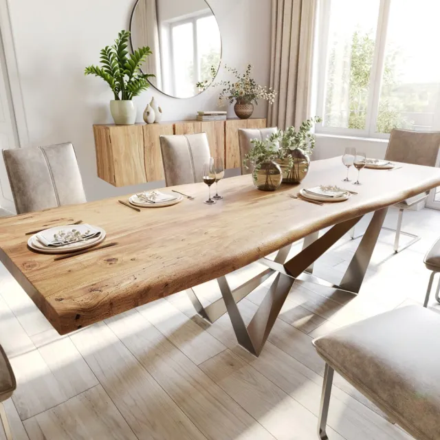 DELIFE Eetkamertafel Edge acacia natuur 280x100 XL Spider staal roestvrij staal Live-Edge Bruin