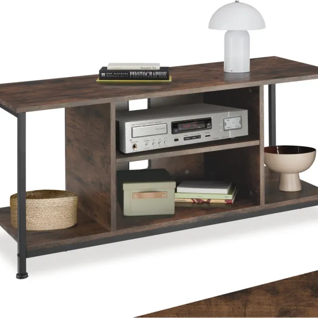 Tectake TV-meubel met 4 open vakken - Lowboard voor TV's tot 70 inch - Houten TV-dressoir met kabeluitsparingen - Industrieel design - Zwart metalen frame - Afmeting (LxBxH) 110 x 40 x 50,5 cm - Donkerbruin