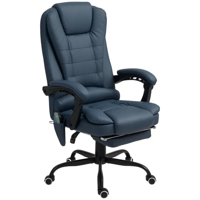 Merax Massage Bureaustoel met 7 Trillingspunten – Verstelbare Rugleuning en Voetsteun – Lederlook – Blauwe Luxe Ergonomische Stoel