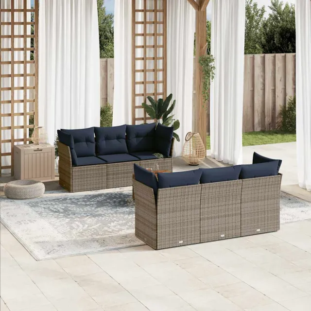 vidaXL 7-delige Loungeset met kussens poly rattan grijs, foto 2