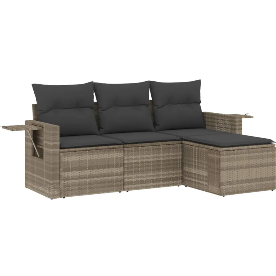 vidaXL 4-delige Loungeset met kussens poly rattan lichtgrijs grijs, foto 4