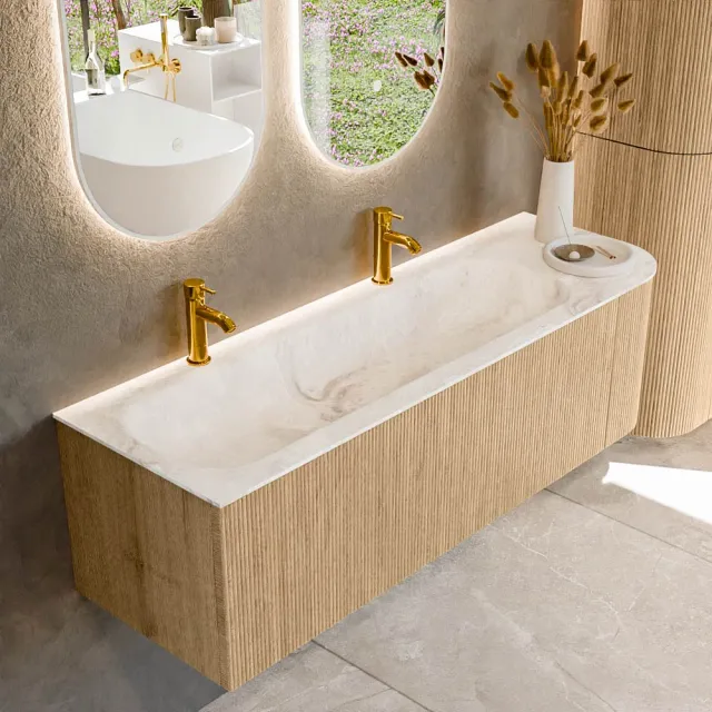 Mondiaz KURVE-DLUX 145 cm Onderkast Greeploos 1 Lade Met Deuren Oak, Wastafel Solid Surface Links Frappe 2 Kraangaten Zonder Spiegel (KRVBGL145R1L1D2KL-Oak/Fra)