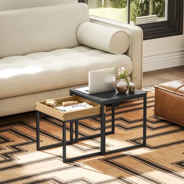 OKWISH Salontafel - Set Van 2 - Nestbare Vierkante Tafels Voor Kleine Ruimtes - Modern Design - MDF En Staal Zwart - 45 x 45 x 45 cm