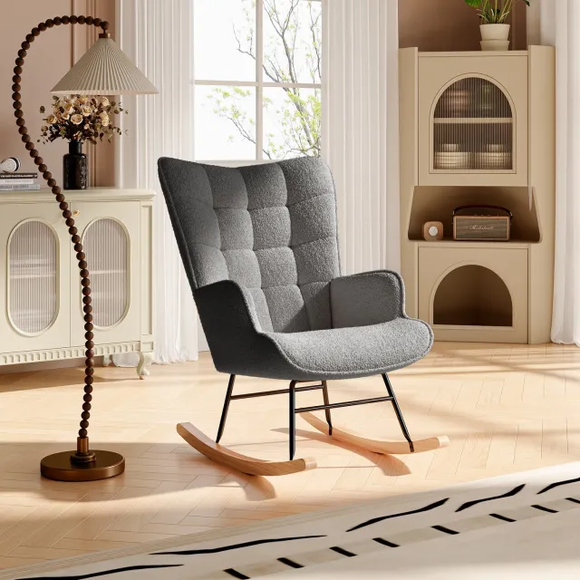 ROSAHQNDA Schommelstoel 60x75x92 cm, relaxstoel met geruit rugleuningontwerp, fauteuil voor woonkamer, slaapkamer en kantoor, teddy stof, donkergrijs