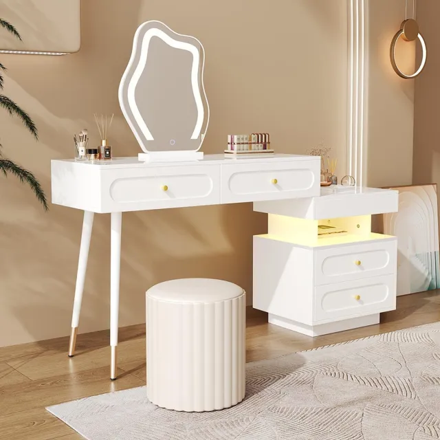 KOMHTOM BLACKCOLORS - Kaptafel met LED-spiegel en verlichting - Witte kaptafel voor de slaapkamer - 4 ruime lades - 1 open opbergvak - Wit