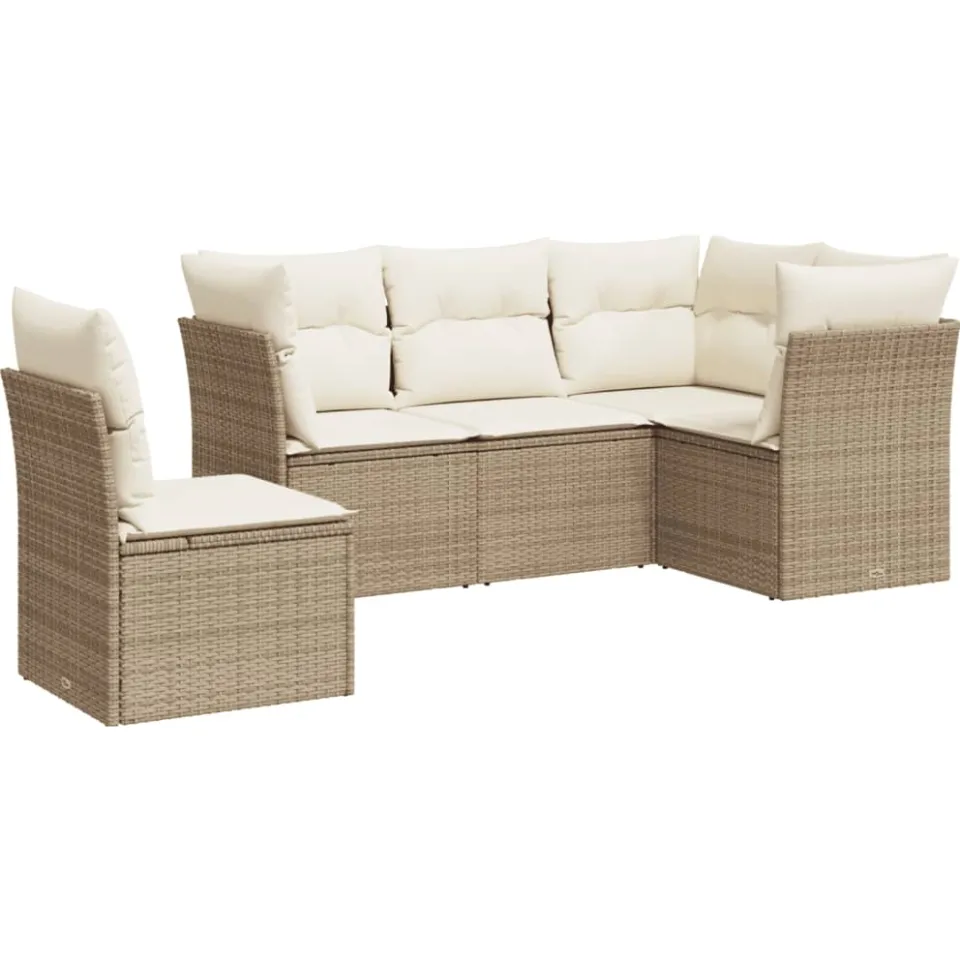 vidaXL 5-delige Loungeset met kussens poly rattan beige