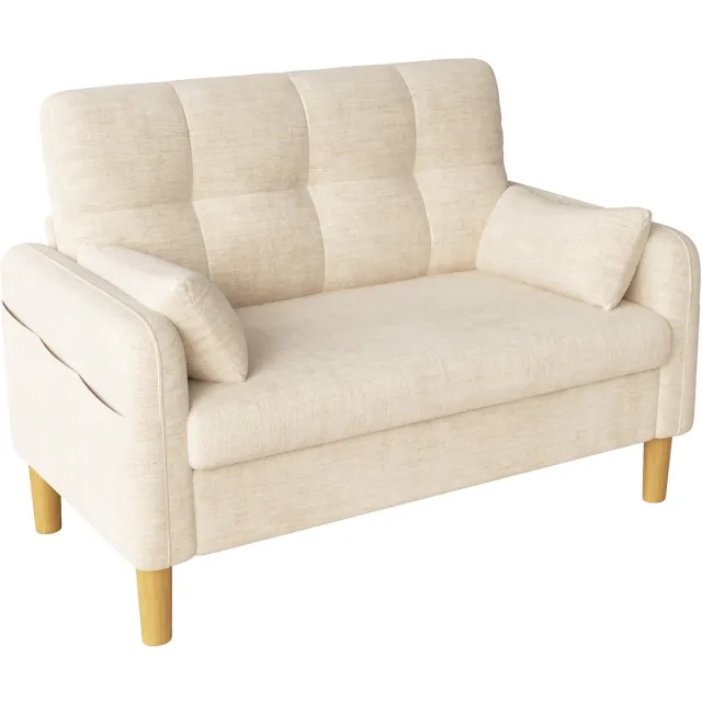 Merax Tweezitsbank 2-Zits - 119 x 78 cm - Beige Chenillestof - Hoge Rugleuning - Zijvak - Inclusief 2 Kussens