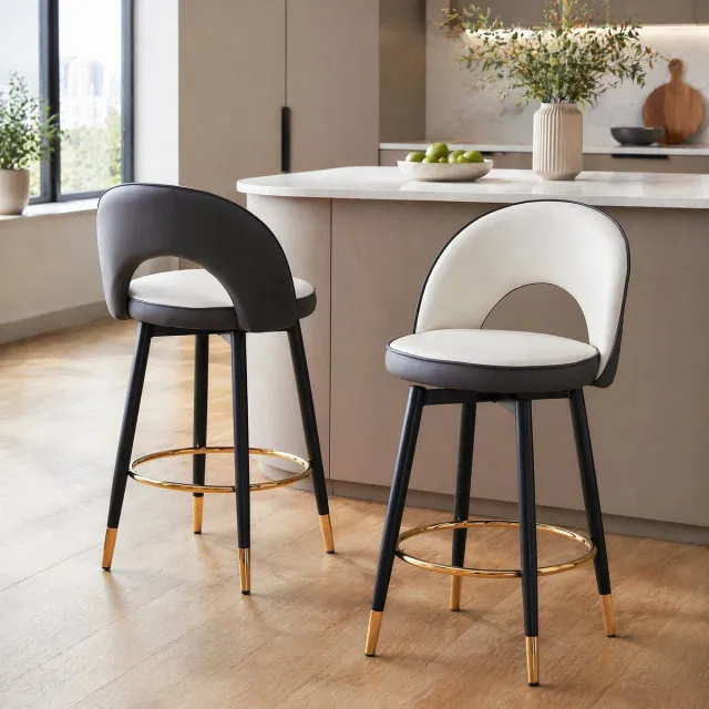 MODENUIT Barkruk 91,5 cm - 360 Graden Draaibaar Met Rugleuning - Voor Keuken - Kunstleer Donkergrijs Wit