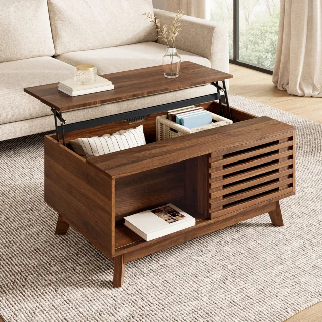 MEUNIQ Salontafel 90 x 55 x 57,5 cm met verstelbaar en uitschuifbaar tafelblad, schuifdeur met lamellen en opbergruimte, retro woonkamertafel in walnootkleur