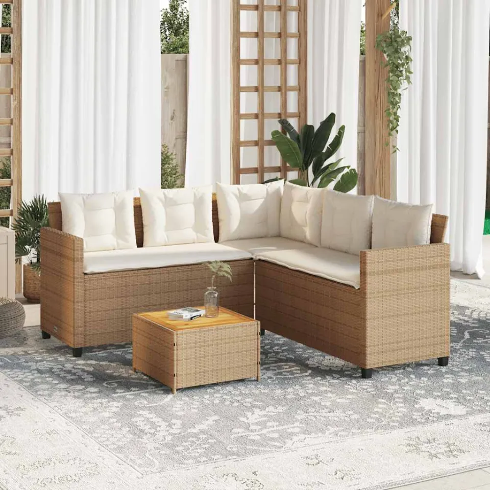 vidaXL Tuinbank met tafel en kussens L-vormig poly rattan beige, foto 2