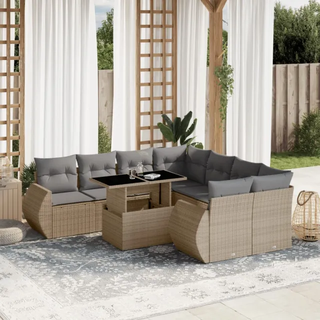 vidaXL 9-delige Loungeset met kussens poly rattan beige, foto 2