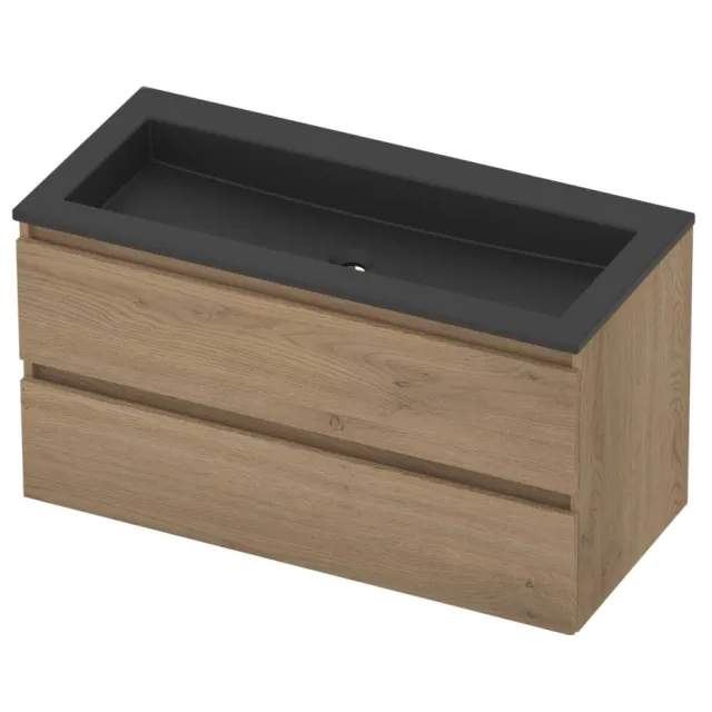 Basic-Line Aura 46 Badmeubelset Acryl Zonder Kraangat Greeploos 100x46x54 cm Pure Oak Mat Zwart